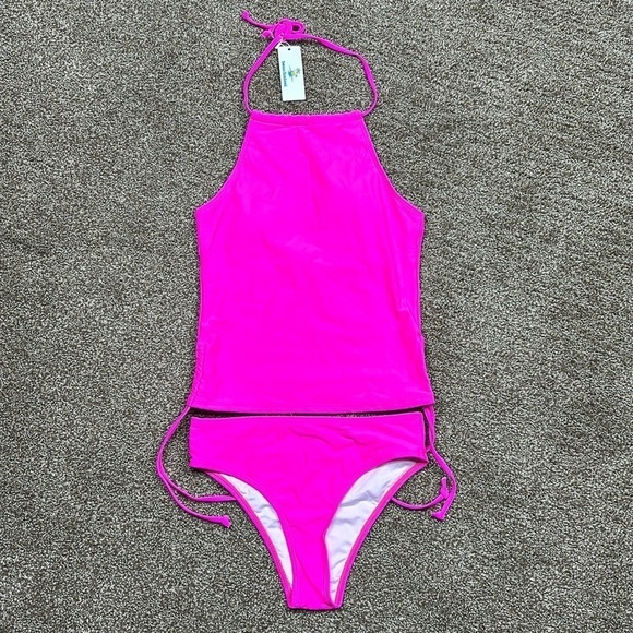 Beachsissi Neon Pink Halter Tankini High Waist Swimsuit Bikini Size Small - Picture 1 of 5